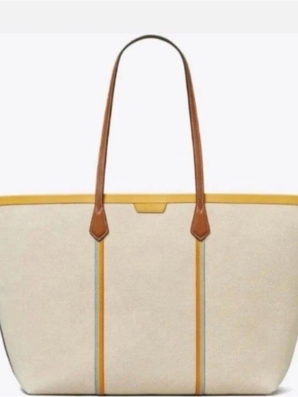 Tory Burch Cream Canvas Tote with Yellow Trim and Brown Straps